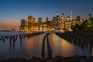 Old Pier 1, Brooklyn, Manhattan skyline, New York City, USA, sunset Old Pier 1, Brooklyn, Manhattan skyline, New York City, USA, sunset