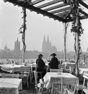 Two women enjoying the view to Cologne skyline from Deutz, Germany 1930s. Two women enjoying the view to Cologne skyline from Deutz, Germany 1930s.