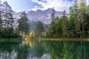 Germany, Bavaria, Bavarian alps, Grainau, morning mood at the Eibsee with view at the Zugspitze Germany, Bavaria, Bavarian alps, Grainau, morning mood at the Eibsee with view at the Zugspitze