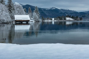 Germany, Bavaria, Walchensee, Einsiedl, view of the wintry Walchensee with the Jochberg in the background Germany, Bavaria, Walchensee, Einsiedl, view of the wintry Walchensee with the Jochberg in the background