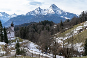 Europe, Germany, Bavaria, Bavarian Alps, Berchtesgadener Land, Berchtesgaden, view of the Maria Gern pilgrimage church and the Watzmann massif Europe, Germany, Bavaria, Bavarian Alps, Berchtesgadener Land, Berchtesgaden, view of the Maria Gern pilgrimage church and the Watzmann massif