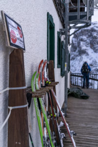 Europe, Austria, Berchtesgaden Alps, Salzburg, Werfen, Ostpreussenhütte, touring skis on the terrace of the Ostpreussenhütte Europe, Austria, Berchtesgaden Alps, Salzburg, Werfen, Ostpreussenhütte, touring skis on the terrace of the Ostpreussenhütte