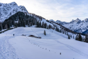 Europe, Austria, Berchtesgaden Alps, Salzburg, Werfen, Ostpreussenhütte, Blühnteckalm in a snowy winter landscape in front of Floßkogel and Alblegg Europe, Austria, Berchtesgaden Alps, Salzburg, Werfen, Ostpreussenhütte, Blühnteckalm in a snowy winter landscape in front of Floßkogel and Alblegg