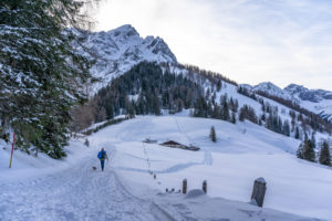 Europe, Austria, Berchtesgaden Alps, Salzburg, Werfen, Ostpreussenhütte, Blühnteckalm in a snowy winter landscape in front of Floßkogel and Alblegg Europe, Austria, Berchtesgaden Alps, Salzburg, Werfen, Ostpreussenhütte, Blühnteckalm in a snowy winter landscape in front of Floßkogel and Alblegg