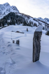 Europe, Austria, Berchtesgaden Alps, Salzburg, Werfen, Ostpreussenhütte, Blühnteckalm in a snowy winter landscape in front of Floßkogel and Alblegg Europe, Austria, Berchtesgaden Alps, Salzburg, Werfen, Ostpreussenhütte, Blühnteckalm in a snowy winter landscape in front of Floßkogel and Alblegg