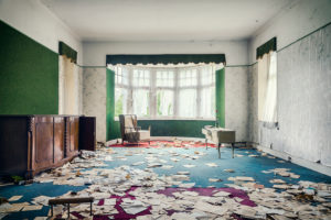 Reading room in an abandoned villa with book pages Reading room in an abandoned villa with book pages