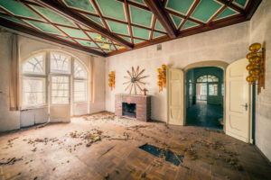 derelicted villa with chimney and green ceiling derelicted villa with chimney and green ceiling