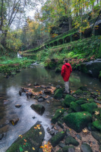 Hiker with red jacket, aqueduct, Saxon Switzerland, overgrown with moss and fern. Hiker with red jacket, aqueduct, Saxon Switzerland, overgrown with moss and fern.