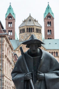 Statue of Jacobs pilgrim in front of Speyer Cathedral, Speyer, Rhineland-Palatinate, Germany Statue of Jacobs pilgrim in front of Speyer Cathedral, Speyer, Rhineland-Palatinate, Germany