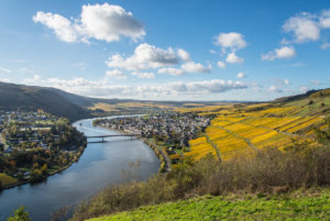 Die Mosel mit herbstlich gefärbten Weinbergen bei Longuich in der Nähe von Trier. Die Mosel mit herbstlich gefärbten Weinbergen bei Longuich in der Nähe von Trier.