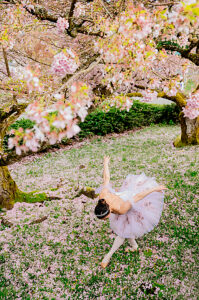 Ballerina dancing gracefully under a blossoming cherry blossom tree in a garden. WA, USA