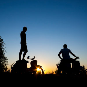 Silhouette, moped, persons Silhouette, moped, persons
