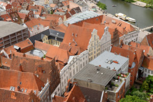 View of the old town with town houses and Stadt-Trave in Lübeck, UNESCO World Heritage, Lübeck, Schleswig-Holstein, Germany View of the old town with town houses and Stadt-Trave in Lübeck, UNESCO World Heritage, Lübeck, Schleswig-Holstein, Germany