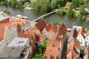 View of the old town with town houses and Stadt-Trave in Lübeck, UNESCO World Heritage, Lübeck, Schleswig-Holstein, Germany View of the old town with town houses and Stadt-Trave in Lübeck, UNESCO World Heritage, Lübeck, Schleswig-Holstein, Germany