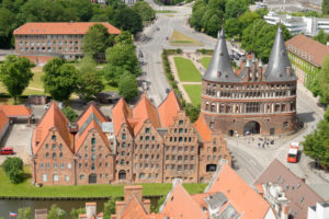 View of the old town with the Holsten Gate and the historic salt store in Lübeck, UNESCO World Heritage, Lübeck, Schleswig-Holstein, Germany View of the old town with the Holsten Gate and the historic salt store in Lübeck, UNESCO World Heritage, Lübeck, Schleswig-Holstein, Germany