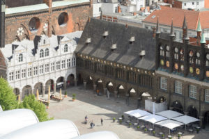 View of the old town with the town hall on Rathausplatz in Lübeck, UNESCO World Heritage, Lübeck, Schleswig-Holstein, Germany View of the old town with the town hall on Rathausplatz in Lübeck, UNESCO World Heritage, Lübeck, Schleswig-Holstein, Germany