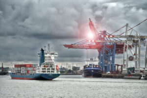 Container ships at the Tollerort container terminal in the port of Hamburg, Hamburg, Elbe, Hanseatic City, Germany, software based changed Container ships at the Tollerort container terminal in the port of Hamburg, Hamburg, Elbe, Hanseatic City, Germany, software based changed