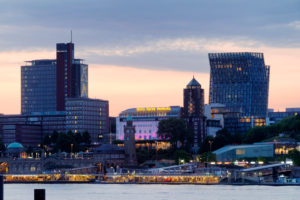 View from Elbufer Steinwerder on St. Pauli Landungsbrücken in the evening light, Hamburg, Elbe, Hanseatic City, Port of Hamburg, Germany View from Elbufer Steinwerder on St. Pauli Landungsbrücken in the evening light, Hamburg, Elbe, Hanseatic City, Port of Hamburg, Germany