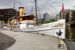 Sandtorhafen with a view of the Schaarhörn museum ship in HafenCity, Hamburg, Elbe, Hanseatic City, Port of Hamburg, Germany Sandtorhafen with a view of the Schaarhörn museum ship in HafenCity, Hamburg, Elbe, Hanseatic City, Port of Hamburg, Germany