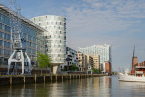Sandtorhafen with Elbphilharmonie in HafenCity in the morning light, Hamburg, Elbe, Hanseatic City, Port of Hamburg, Germany Sandtorhafen with Elbphilharmonie in HafenCity in the morning light, Hamburg, Elbe, Hanseatic City, Port of Hamburg, Germany