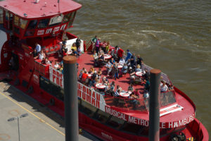 Excursion boat on the Norderelbe in the Port of Hamburg, Hamburg, Elbe, Hanseatic City, Port of Hamburg, Germany Excursion boat on the Norderelbe in the Port of Hamburg, Hamburg, Elbe, Hanseatic City, Port of Hamburg, Germany