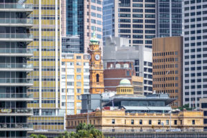 Australia, Sydney Harbor, skyline with skyscrapers and old building Australia, Sydney Harbor, skyline with skyscrapers and old building
