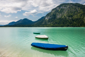 Fishing Boats on Sylvenstein Reservoir, Bavaria, Germany, 2016