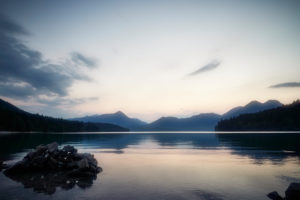 Evening mood with afterglow in the Walchensee in Upper Bavaria