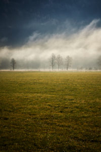 morning fog and Autumn mood before the Sonntratn in Gaißach, Bavaria, in November                         