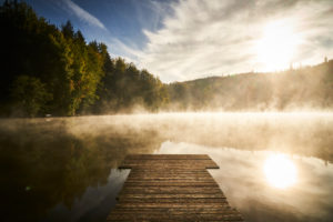 Late-summery morning mood with deep early fog over the forest pond in Dietramszell, Bavaria