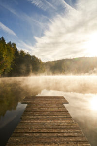 Late-summery morning mood with deep early fog over the forest pond in Dietramszell, Bavaria