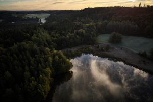 Late-summery morning mood with deep early fog over the forest pond in Dietramszell, Bavaria