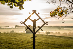 wayside cross in the morning light near Balterazhofen, Leutkirch, Baden-Wuerttemberg, Germany, wayside cross in the morning light near Balterazhofen, Leutkirch, Baden-Wuerttemberg, Germany,