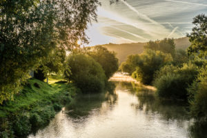 backlight setting in an early morning on the river Altmuehl near Böhming, Bavaria, Germany backlight setting in an early morning on the river Altmuehl near Böhming, Bavaria, Germany