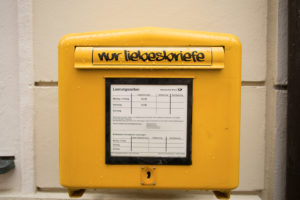 The tip 'only love letters', Passau, Bavaria, Germany stands on the clapper board of a postal mailbox The tip 'only love letters', Passau, Bavaria, Germany stands on the clapper board of a postal mailbox