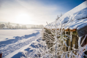 Typical Allgäu winter landscape with fresh snow and a wooden hut. Leutkirch, Baden Württemberg, Germany Typical Allgäu winter landscape with fresh snow and a wooden hut. Leutkirch, Baden Württemberg, Germany
