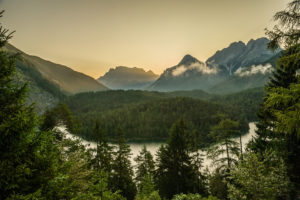 View on a cloudless summer morning across Blindsee to Zugspitze, Bavaria, Germany. View on a cloudless summer morning across Blindsee to Zugspitze, Bavaria, Germany.