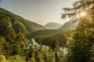 View on a cloudless summer morning over Blindsee to Zugspitze, Bavaria, Germany. View on a cloudless summer morning over Blindsee to Zugspitze, Bavaria, Germany.