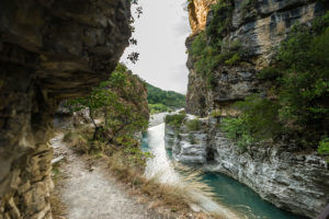 A hiking trail leads in high altitude through the Osum Gorge, Çorovoda, Berat, Albania. A hiking trail leads in high altitude through the Osum Gorge, Çorovoda, Berat, Albania.