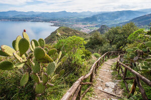 A hiking trail leads up the mountain where the pilgrimage church with the famous Black Madonna of Tindari (Messina) is located. Sicily, Italy.