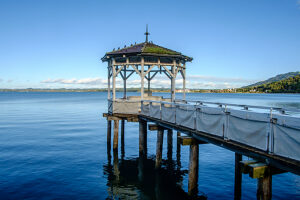 A pavilion on a sunny fall day on the shores of Lake Constance. Bregenz, Vorarlberg, Austria.