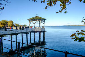 A pavilion on a sunny fall day on the shore of Lake Constance. Bregenz, Vorarlberg, Austria.