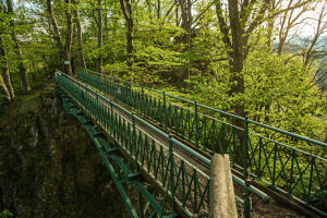 A bridge leads to the Rosenstein ruins in the forest near Heubach, Baden-Württemberg, Germany A bridge leads to the Rosenstein ruins in the forest near Heubach, Baden-Württemberg, Germany