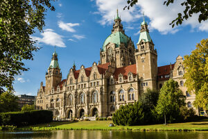 The New Town Hall at Maschpark is the landmark of Hanover, Lower Saxony, Germany. The New Town Hall at Maschpark is the landmark of Hanover, Lower Saxony, Germany.