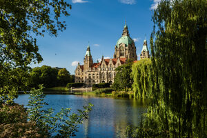 The New Town Hall at Maschpark is the landmark of Hanover, Lower Saxony, Germany. The New Town Hall at Maschpark is the landmark of Hanover, Lower Saxony, Germany.