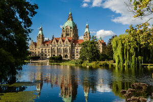 The New Town Hall at Maschpark is the landmark of Hanover, Lower Saxony, Germany. The New Town Hall at Maschpark is the landmark of Hanover, Lower Saxony, Germany.