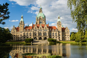 The New Town Hall at Maschpark is the landmark of Hanover, Lower Saxony, Germany. The New Town Hall at Maschpark is the landmark of Hanover, Lower Saxony, Germany.