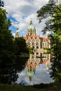 The New Town Hall at Maschpark is the landmark of Hanover, Lower Saxony, Germany. The New Town Hall at Maschpark is the landmark of Hanover, Lower Saxony, Germany.