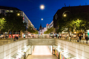 People bustle in the pedestrian zone of Hanover, Lower Saxony, Germany. People bustle in the pedestrian zone of Hanover, Lower Saxony, Germany.