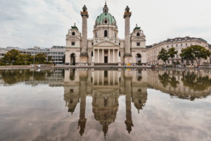 Vienna, Austria, Europe, Karlsplatz, Karlskirche Church with Water Reflection, Vienna, Austria, Europe, Karlsplatz, Karlskirche Church with Water Reflection,